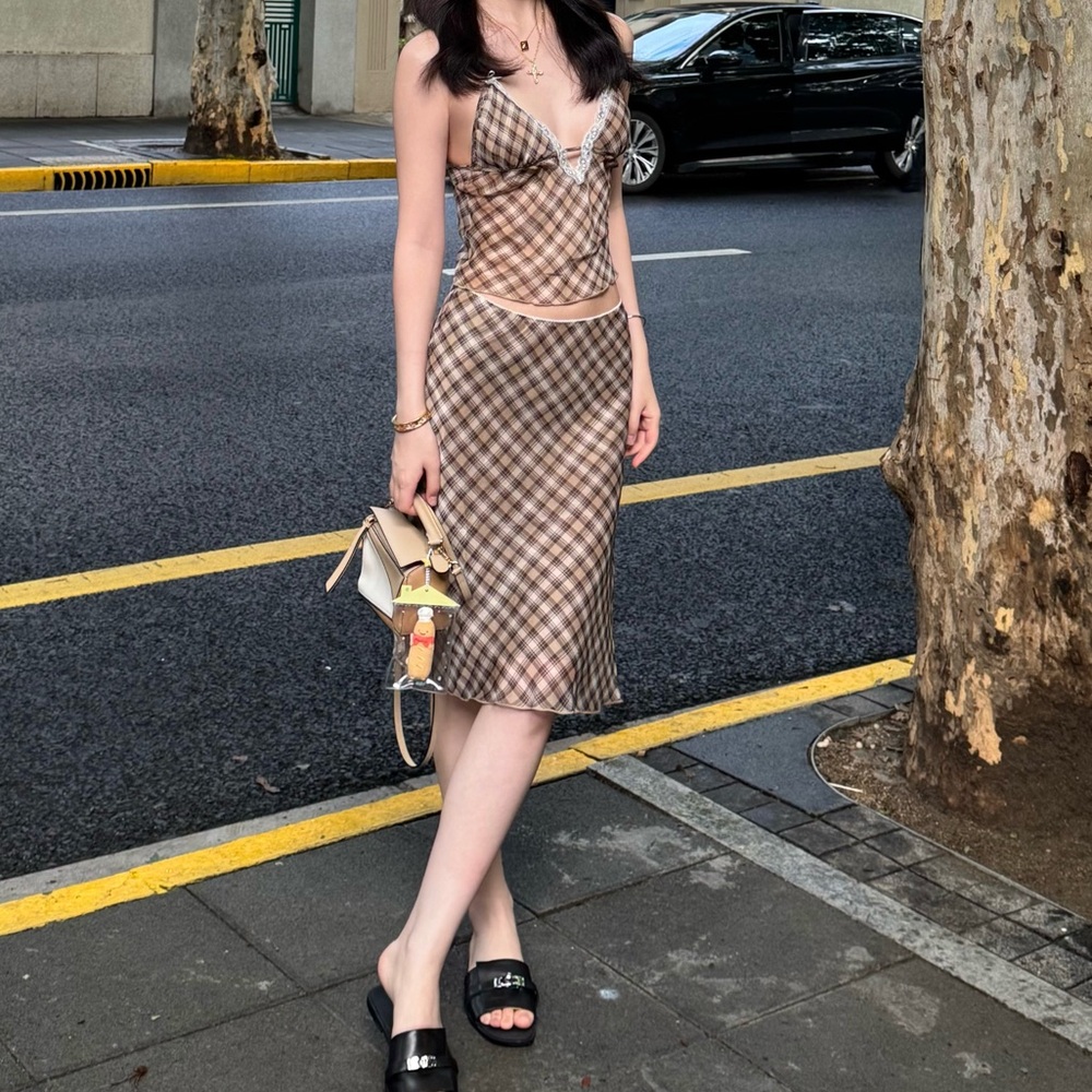 Brown Checkered Two-Piece Set